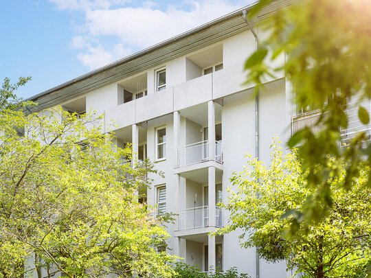 Blick auf das Wohngebäude mit weißer Fassade und Balkonen auf jeder Etage umgeben von hohen Laubbäumen 